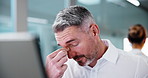 Computer, tired and man with stress in office, eye strain or burnout for tax filing deadline. Tech, accountant and mature person with fatigue for fraud investigation, cashflow problem or audit error