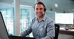 Headset, man and face of call center agent in office with crm, help desk or voip system for advisory. Happy, portrait and technical support consultant with mic for customer service or contact us.