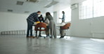 Office, team and blur of people for architecture, interior design and remodeling in workspace. Planning, contractor and workers in meeting for ideas, collaboration and feedback for renovation project