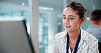 Smile, business and woman in office with computer, research and finance report for bookkeeping. Person, coworking and reading in workplace with tech, financial audit and review account for investment