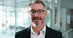 Business, face and mature man in office with smile, wealth advisor and about us in finance. Space, glasses and investment consultant with portrait, risk specialist and confidence as portfolio manager