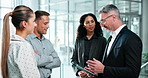 Business, review or team in office with tablet, funding ideas or collaboration in pitch discussion. Digital, people or finance advisors with tech, budget feedback or proposal plan in investment brief