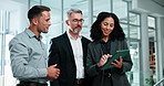 Finance, review or people in agency with tablet, funding ideas or collaboration with pitch discussion. Digital, team or investors with tech, budget feedback or proposal plan in partnership briefing.