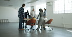 Office, meeting and blur of people for architecture, interior design and remodeling in workspace. Team, contractor and workers in discussion for ideas, planning and feedback for renovation project