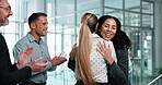 Business, women and hug in office with applause, good news and congratulations for promotion. Smile, people and embrace in workplace for teamwork, partnership and celebration for employee recognition