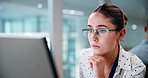 Business, woman and glasses in office with computer, research and finance report for bookkeeping. Employee, coworking and eyewear in workplace with tech, financial audit and data entry for investment