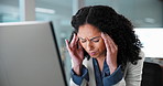 Computer, headache and woman with stress in office, corporate workload or burnout for tax deadline. Migraine, accountant and person with pain, fraud investigation or fatigue with audit error on tech