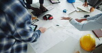 Architect, group and hands with blueprint in office, teamwork and tablet screen with data or graphs. Civil engineering, above and people with paperwork for design, collaboration and budget with tech