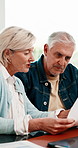 Paperwork, discussion and senior couple in home with planning for retirement funds or budget. Documents, conversation and elderly people with finance report for expenses, pension or asset management.