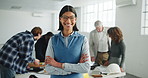 Architect, face or woman in agency with arms crossed, project manager or pride as building planner. Meeting, happy or engineer lead with confidence, about us or ambition in infrastructure development