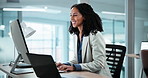Business, woman and reading in office with computer, research and finance report for bookkeeping. Smile, female person and typing in workplace with tech, financial audit and data entry for investment