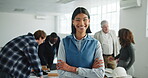 Happy, face or architect in office with arms crossed, project manager or pride as building planner. Meeting, woman or engineer lead with confidence, about us or ambition in infrastructure development