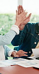 Documents, high five and senior couple in home with planning for retirement funds or budget. Paperwork, celebration and elderly people with finance report for expenses, pension or asset management.