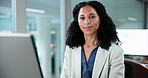 Face, corporate and woman in office with computer, research and finance report for bookkeeping. Portrait, female person and smile in workplace with tech, financial audit and data entry for investment