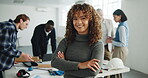 Architect, face or woman in office with arms crossed, project manager or pride as building planner. Meeting, happy or engineer lead with confidence, about us or ambition in infrastructure development