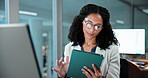 Business, woman and reading in office with tablet, research and finance report for bookkeeping. Smile, female person and review in workplace with tech, financial audit and information for investment