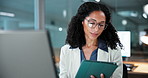 Business, woman and glasses in office with tablet, research and finance report for bookkeeping. Female person, eyewear and review in workplace with tech, financial audit and data entry for investment