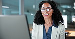 Smile, corporate and woman in office with computer, research and finance report for bookkeeping. Happy, female person and evening in workplace with tech, financial audit and data entry for investment