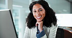Face, smile and woman in office with computer, research and finance report for bookkeeping. Portrait, business and female person in workplace with tech, financial audit and data entry for investment