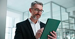 Finance, typing and business man on tablet for research, investment choice and planning in office. Corporate, mature and happy person on tech for financial report, proposal and stock market update
