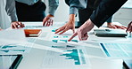 Meeting, graphs and documents in office with business people for company profit, revenue and pitch. Paperwork, charts and financial manager with team for investment discussion, budget or planning