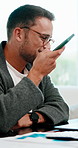 Man, talk and voice note in home for remote work, accounting feedback and typing report with laptop. Flare, person and freelance accountant with tech, speaker phone and discussion for audit update.
