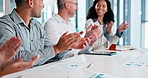Finance, applause and business people in workshop with success, feedback and investment growth. Corporate, office and workers clapping with documents for financial review, budget and presentation