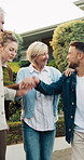 Happy, family and hand stack at house, outdoor and clapping for property investment and achievement. Real estate, success and people with smile for new home, laugh and celebration with senior parents