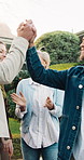Happy, family and home with high five for real estate, mortgage loan or celebration together. Mature, mom and dad with smile, adult daughter or son for property purchase, deal or success in yard