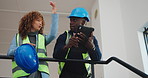 Architect, talking and people with tablet, stairs and planning for property development with design. Civil engineering, digital blueprint and colleagues with technology, inspection and collaboration