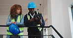 Architect, inspection and people with tablet, stairs or planning for property development on website. Civil engineering, digital blueprint and colleagues with technology, discussion and collaboration