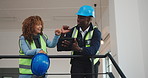 Architect, team and people with tablet, fist bump and planning for property development with design. Civil engineering, collaboration and colleagues with technology, happy and celebration on stairs