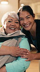 Face, caregiver and senior woman with smile for care, medical support and happy in retirement home. Portrait, healthcare and nurse with elderly person in house for assisted living, embrace or relax