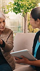 Caregiver, tablet and senior woman with support for wellness, medical healthcare and chat. Smile, nurse and person with cane for retirement, tech and checkup report in homecare with recovery goal