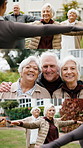Senior, group and fitness with coach for outdoor workout, exercise or training together in garden. Collage, personal trainer and stretching with elderly people for health or wellness in nursing home