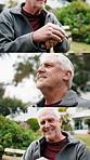 Senior, man and health with cane in nature for retirement, wellness or vitality in outdoor garden. Portrait, elderly or male person with walking stick in collage for mobility or healthcare in park
