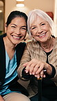 Face, nurse and senior woman with smile for care, medical support and happy in retirement home. Portrait, healthcare and caregiver with elderly person in house for assisted living, embrace or relax