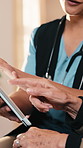 Caregiver, tablet and senior woman with discussion for wellness, medical healthcare and chat. Smile, nurse and person with cane for retirement, tech and checkup report in homecare with recovery goal