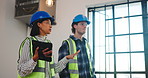 Construction, people and building inspection with tablet for design vision, contractor brief or chat. Renovation, team and interior designer with tech for site visit, spatial planning or coordination