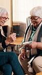 Home, book and senior friends with laugh, funny conversation and problem solving for word search. Happy,  old women and discussion in lounge with sudoku puzzle, strategy game and retirement wellness.