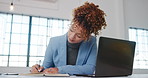 Woman, laptop and writing in office with notebook, research and brainstorming for digital marketing. Creative, person and thinking in agency with computer, diary notes and planning for advertising.