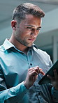 Financial planning, online and businessman with tablet at night, reflection and research on website. Wealth manager, thinking and person with technology, risk assessment and working late in business