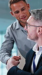Business, success or team in office with fist bump, portfolio growth or positive feedback on investment. Happy, men or finance advisors with tech, budget approval or good news on funding opportunity.