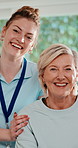 Laugh, caregiver and face with senior woman in retirement home for assisted living or healthcare. Funny joke, nurse and portrait with patient for elderly care, support or trust in nursing house