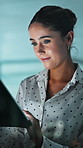 Reading, research and businesswoman with tablet at night, reflection or financial review on website. Wealth manager, thinking and happy person with technology, typing and working late in business