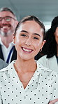 Face, business and woman in office with team, career pride and about us for finance trading. Portrait, smile and people in workplace with arms crossed, leadership and crypto for financial investment