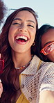 Selfie, face and friends outdoor with ice cream, connection and fun time on summer holiday. Laughing, portrait and people with popsicle treat, bonding post and happy memory capture in getaway photo.