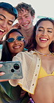 Fashion, love and selfie with group of happy friends outdoor summer holiday, travel or vacation. Beachwear, peace sign and photograph with people in nature for bonding, social media or youth culture