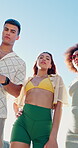 Attitude, face and fashion with group of friends outdoor for holiday, travel or vacation in summer. Beachwear, break and serious with people in fresh air for bonding, weekend getaway or youth culture
