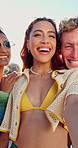 Face, laughing and selfie with group of friends outdoor for holiday, travel or vacation in summer. Beachwear, funny and photograph with happy people in fresh air for bonding, getaway or youth culture